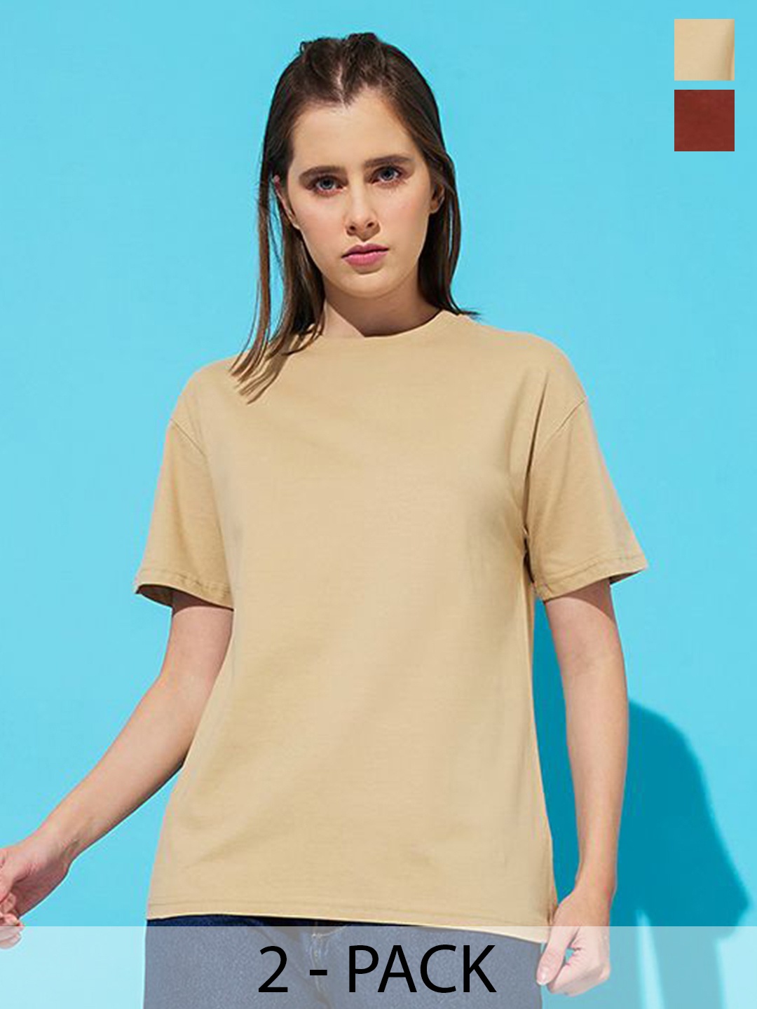 

The Roadster Lifestyle Co. Women Pack Of 2 Solid Round Neck Cotton Relaxed Fit T-shirts, Beige