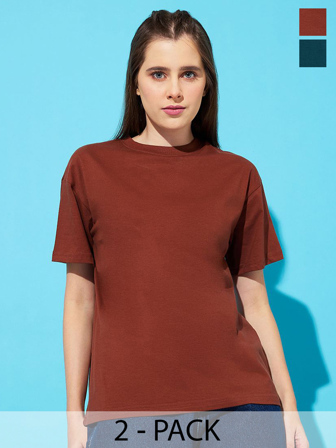 

The Roadster Lifestyle Co. Women Pack Of 2 Solid Round Neck Cotton Relaxed Fit T-shirts, Teal