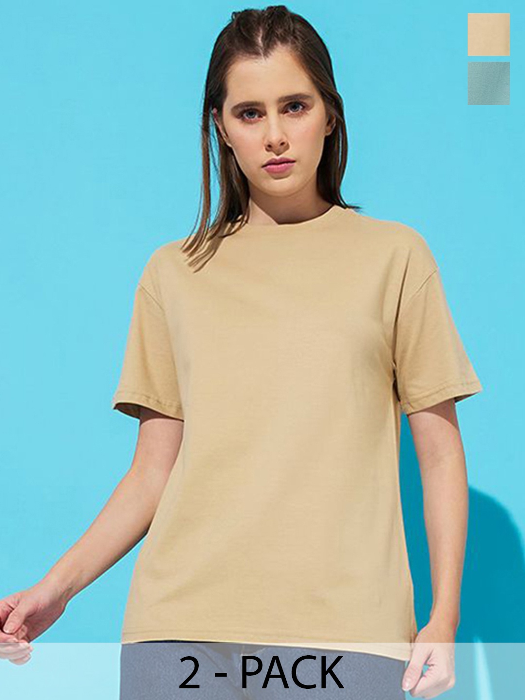 

The Roadster Lifestyle Co. Women Pack Of 2 Solid Round Neck Cotton Relaxed Fit T-shirts, Beige
