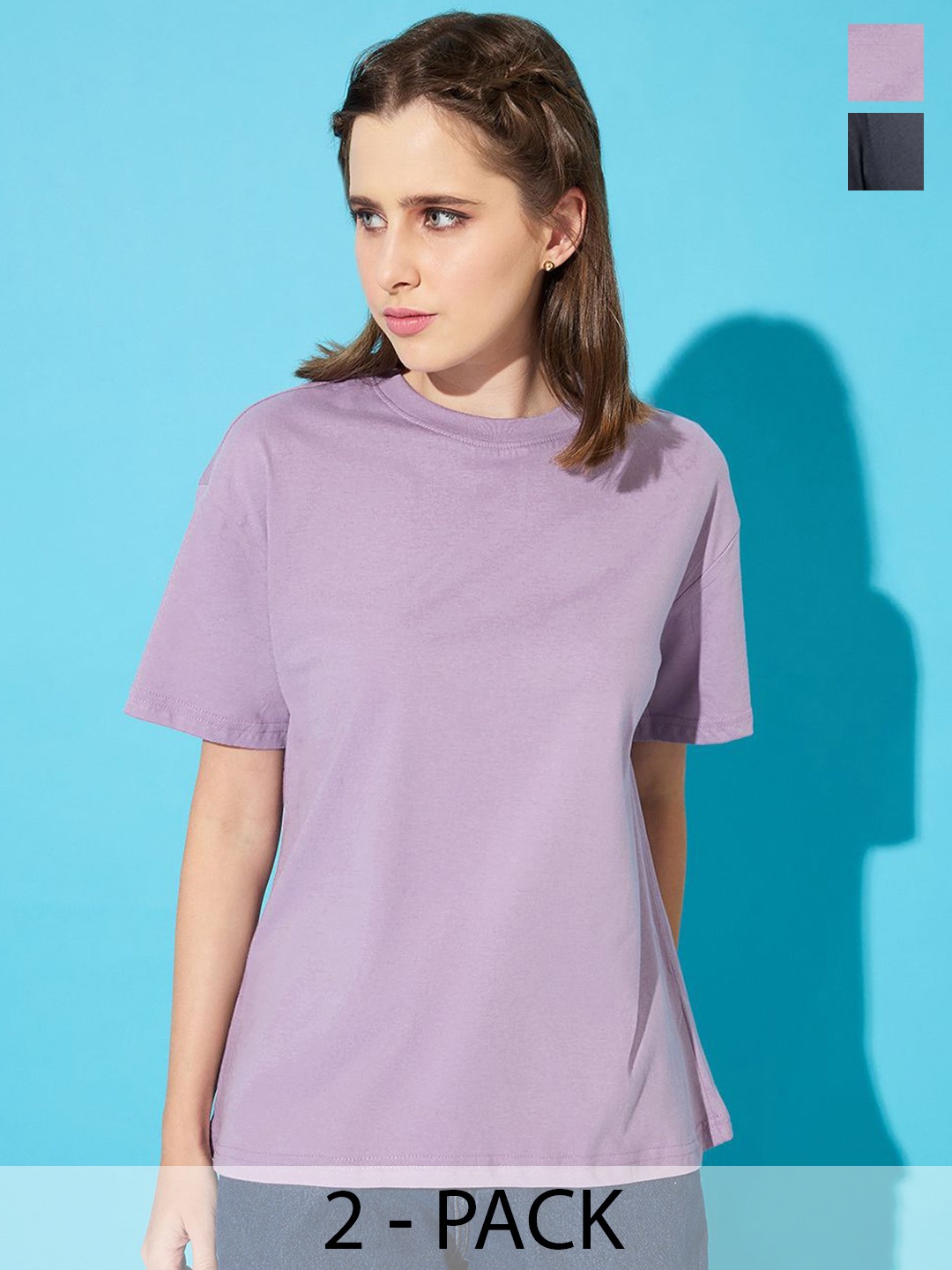 

The Roadster Lifestyle Co. Women Pack Of 2 Solid Round Neck Cotton Relaxed Fit T-shirts, Grey