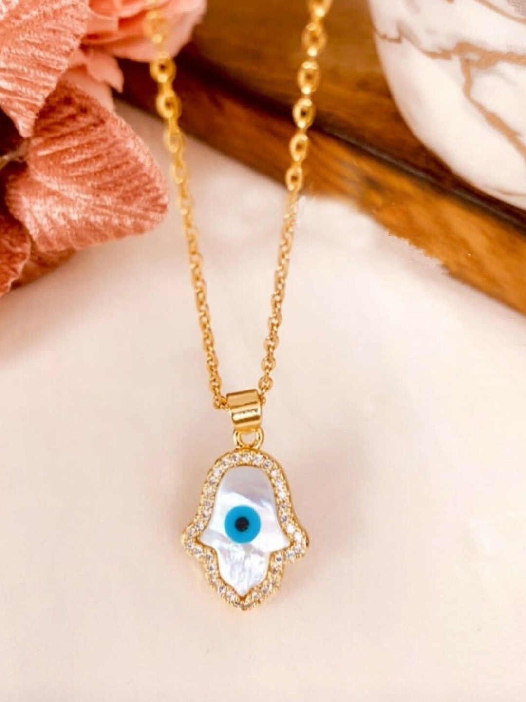 V FASHION JEWELLERY Stainless Steel CZ Stone Studded Evil Eye Pendant With Chain, Gold