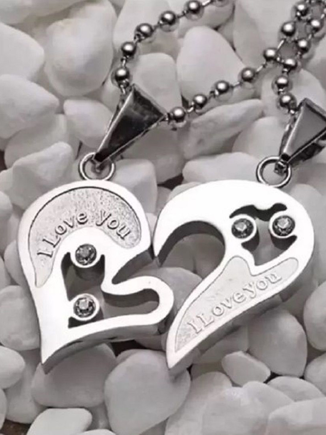 

V FASHION JEWELLERY Set Of 2 Stainless Steel Heart Shape Pendant With Chains, Silver