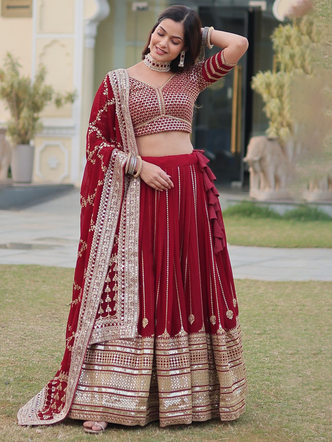 

Fashionuma Embellished Sequinned Ready to Wear Lehenga & Unstitched Blouse With Dupatta, Maroon