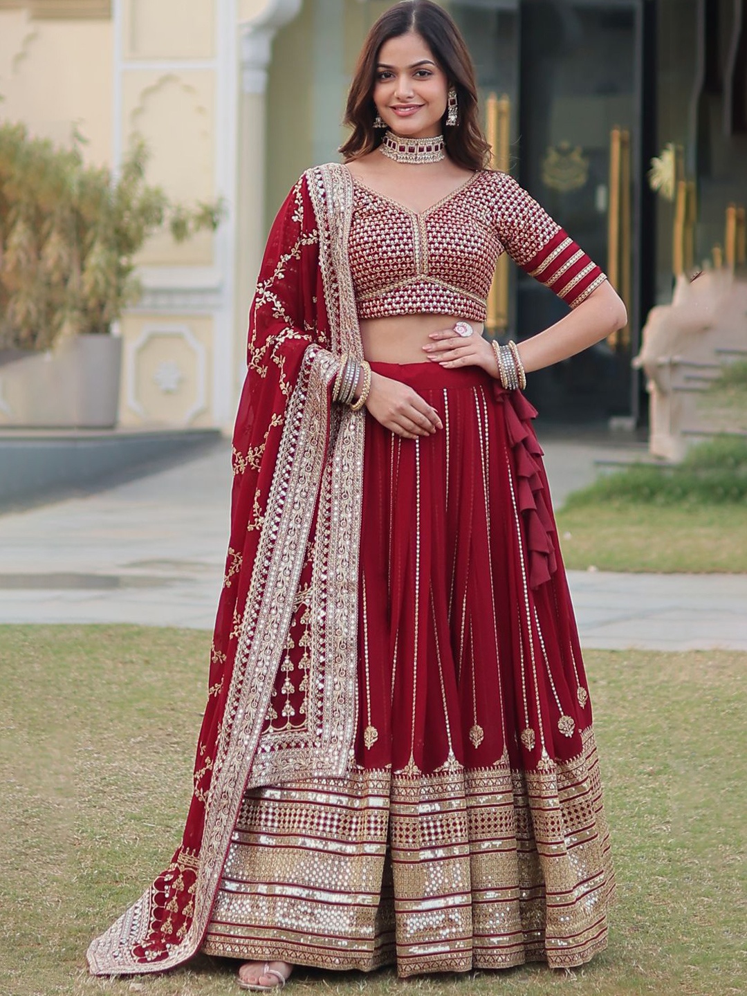 

YOYO Fashion Embellished Sequinned Ready to Wear Lehenga & Unstitched Blouse With Dupatta, Maroon