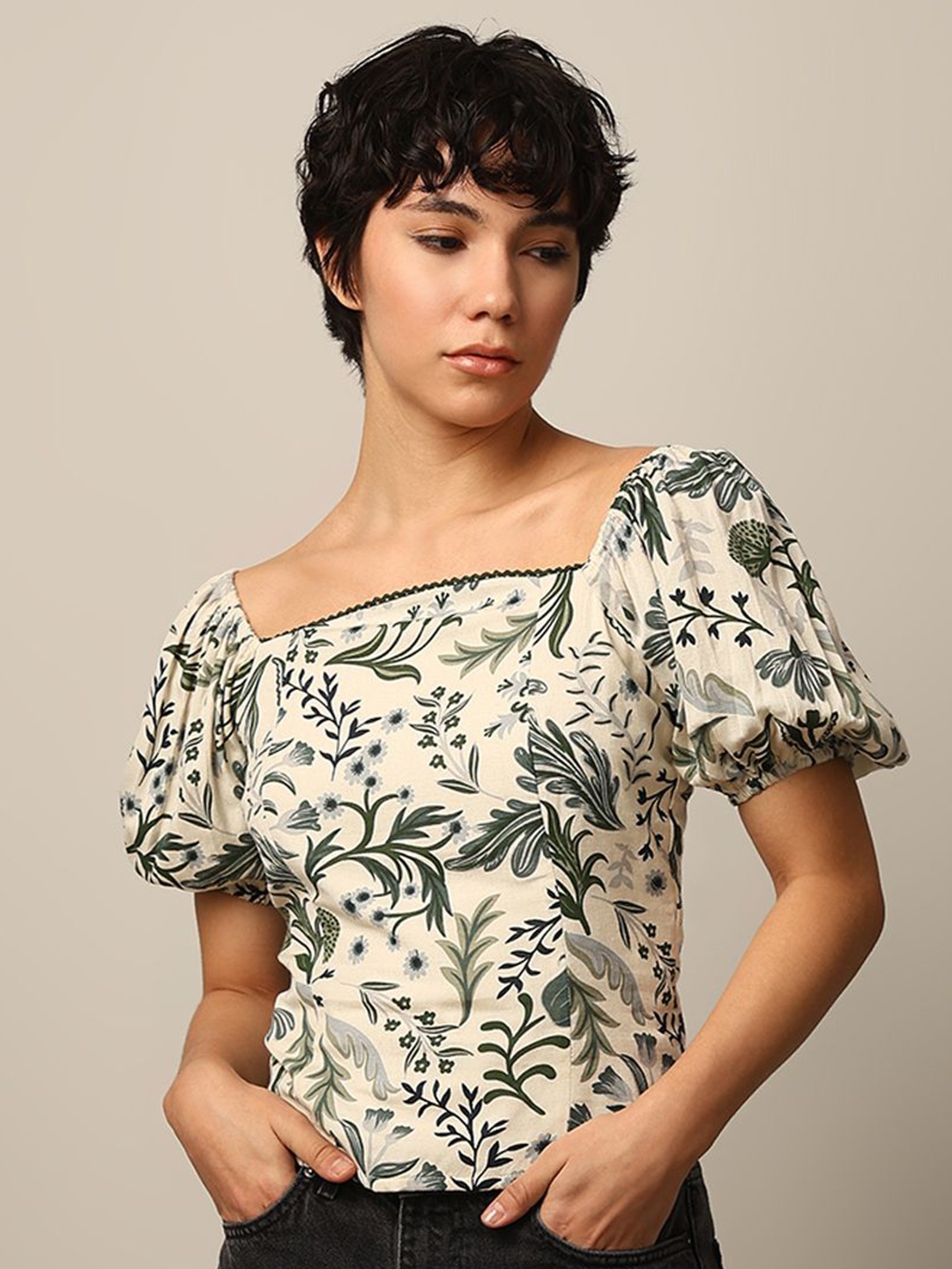 

ONLY Women Tropical Printed Puff Sleeve Blouson Top, Green