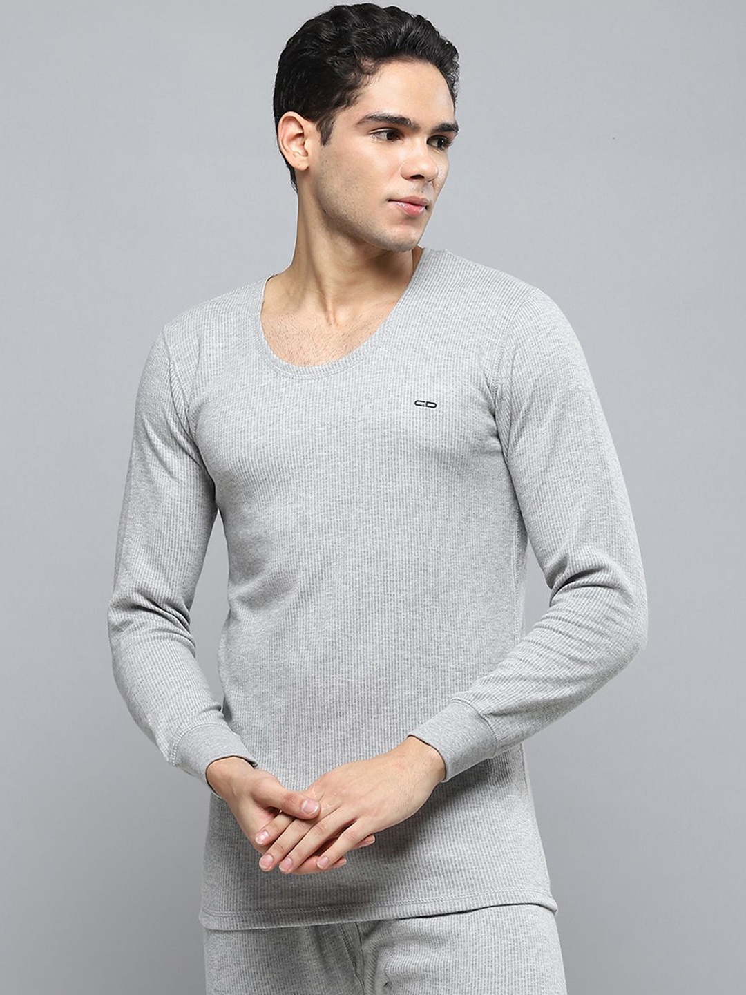 

Monte Carlo Men Ribbed Round Neck Full Sleeves Thermal Top, Grey