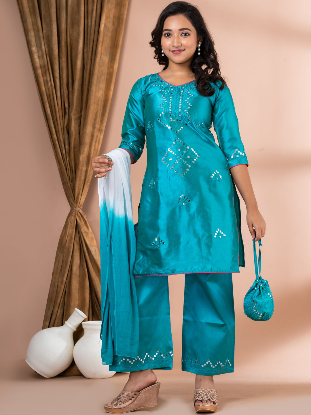 

Sevgi Girls Ethnic Motifs Embroidered Mirror Work Straight Kurta with Palazzos & Dupatta, Turquoise blue