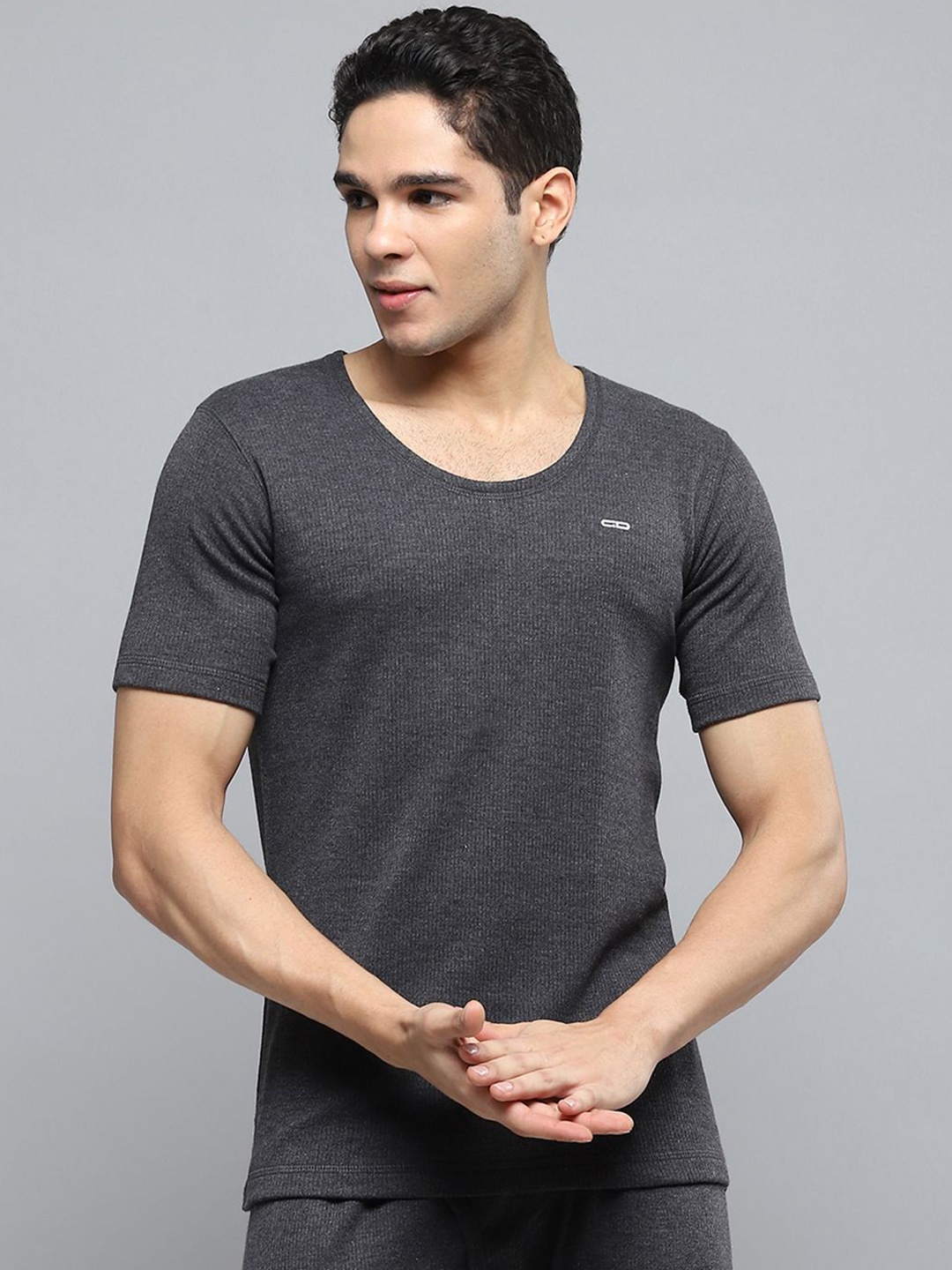 

Monte Carlo Men Ribbed Round Neck Cotton Thermal Top, Charcoal
