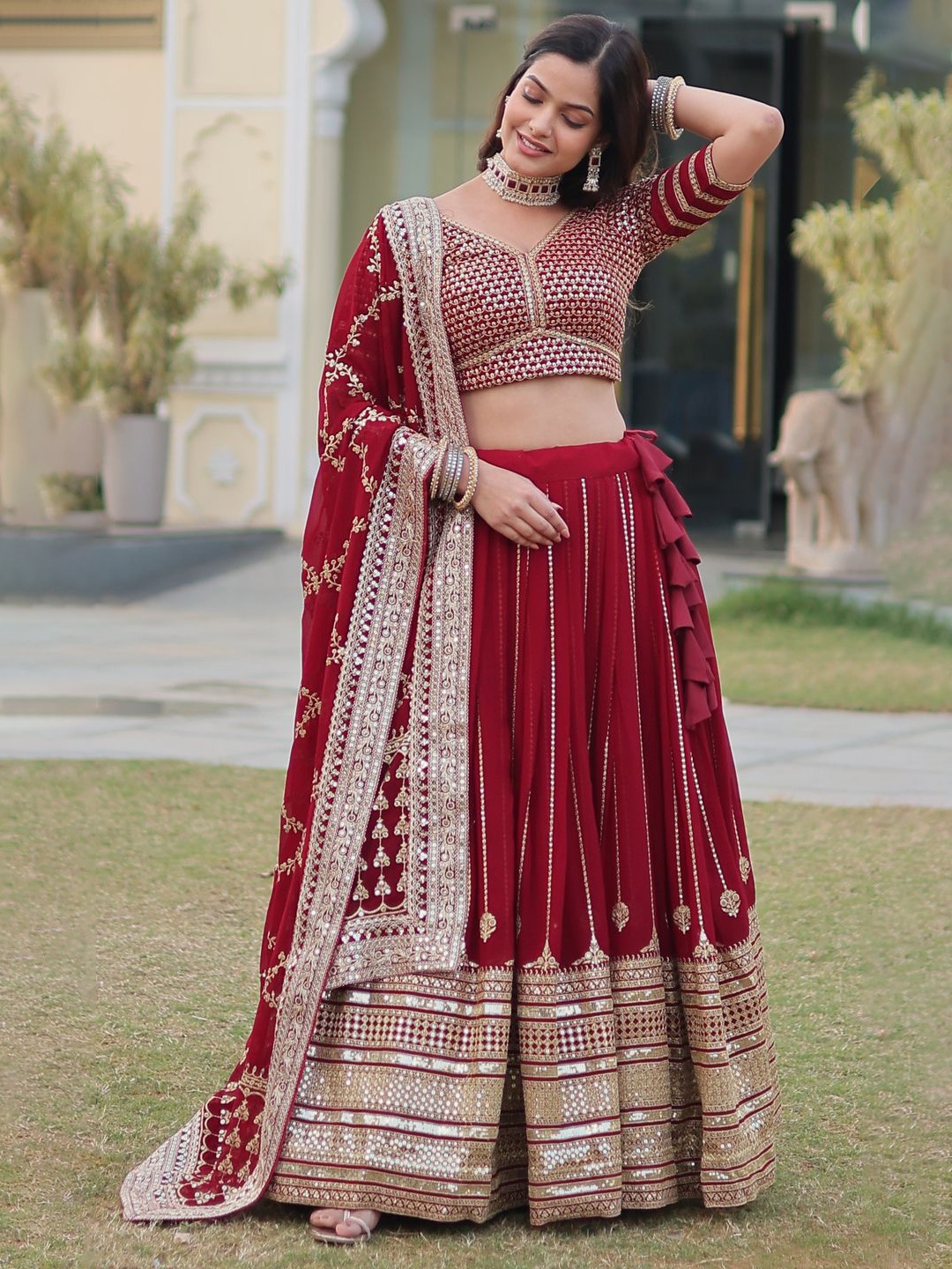 

Ethnic Yard Embellished Sequinned Ready to Wear Lehenga & Unstitched Blouse With Dupatta, Maroon