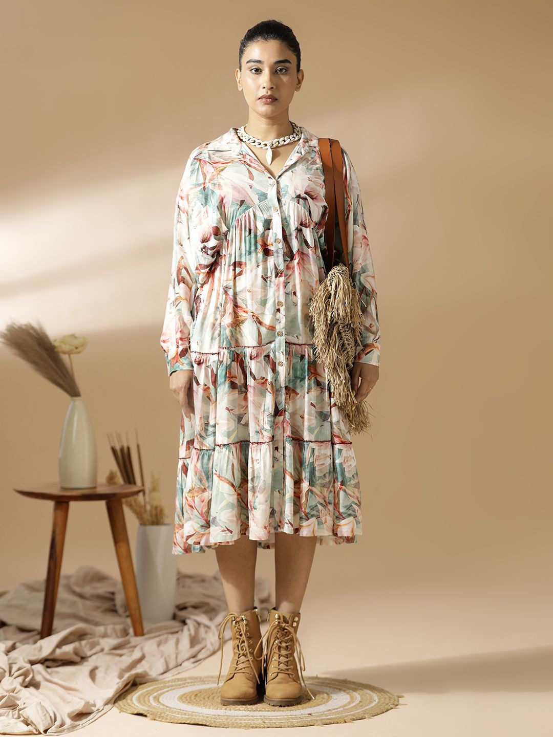 

mugo Women Floral Printed Fit & Flare Midi Dress, Green