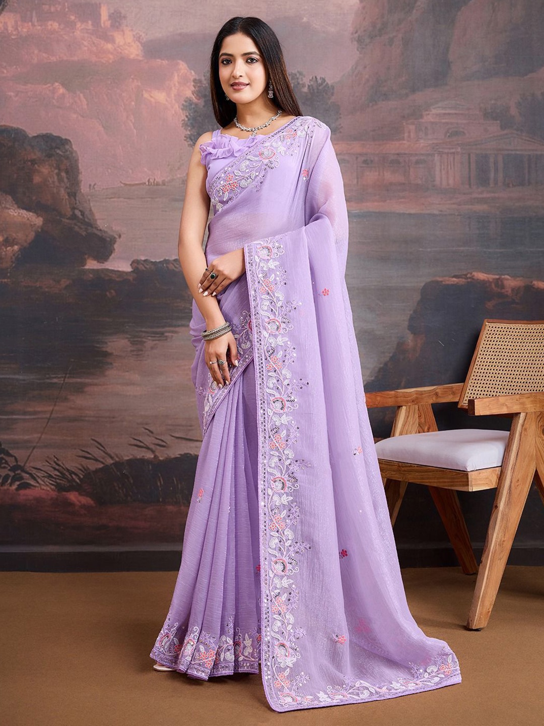 

VenderVilla Floral Embroidered Organza Saree, Lavender