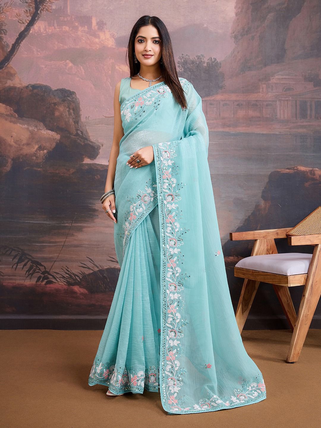 

VenderVilla Floral Embroidered Organza Saree, Blue