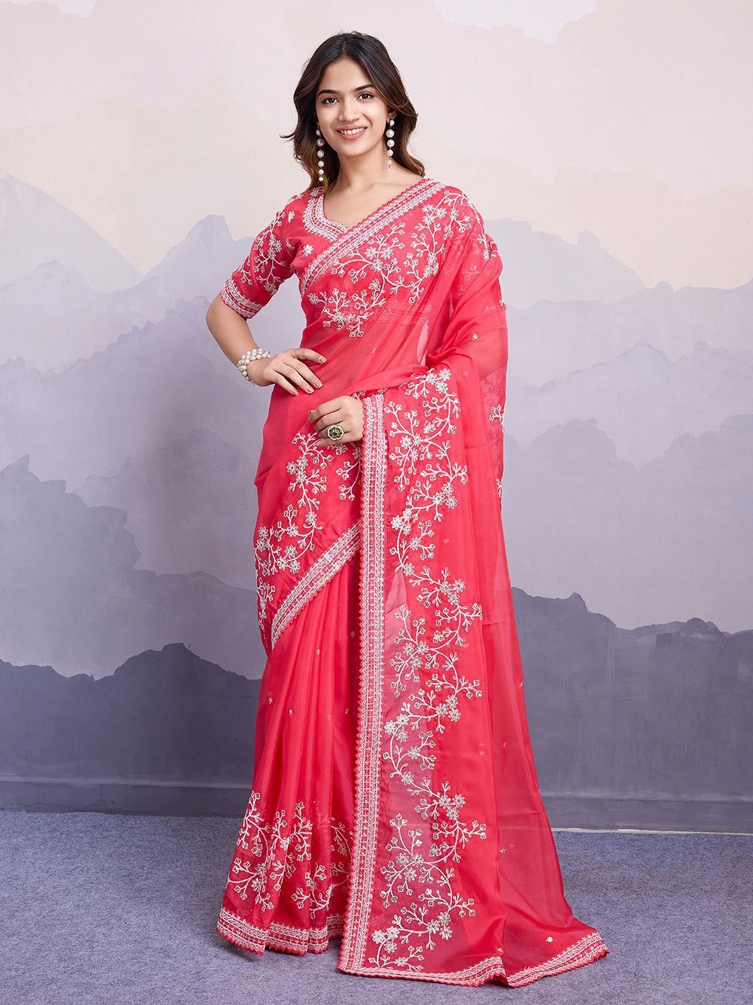 

VenderVilla Floral Embroidered Organza Saree, Red