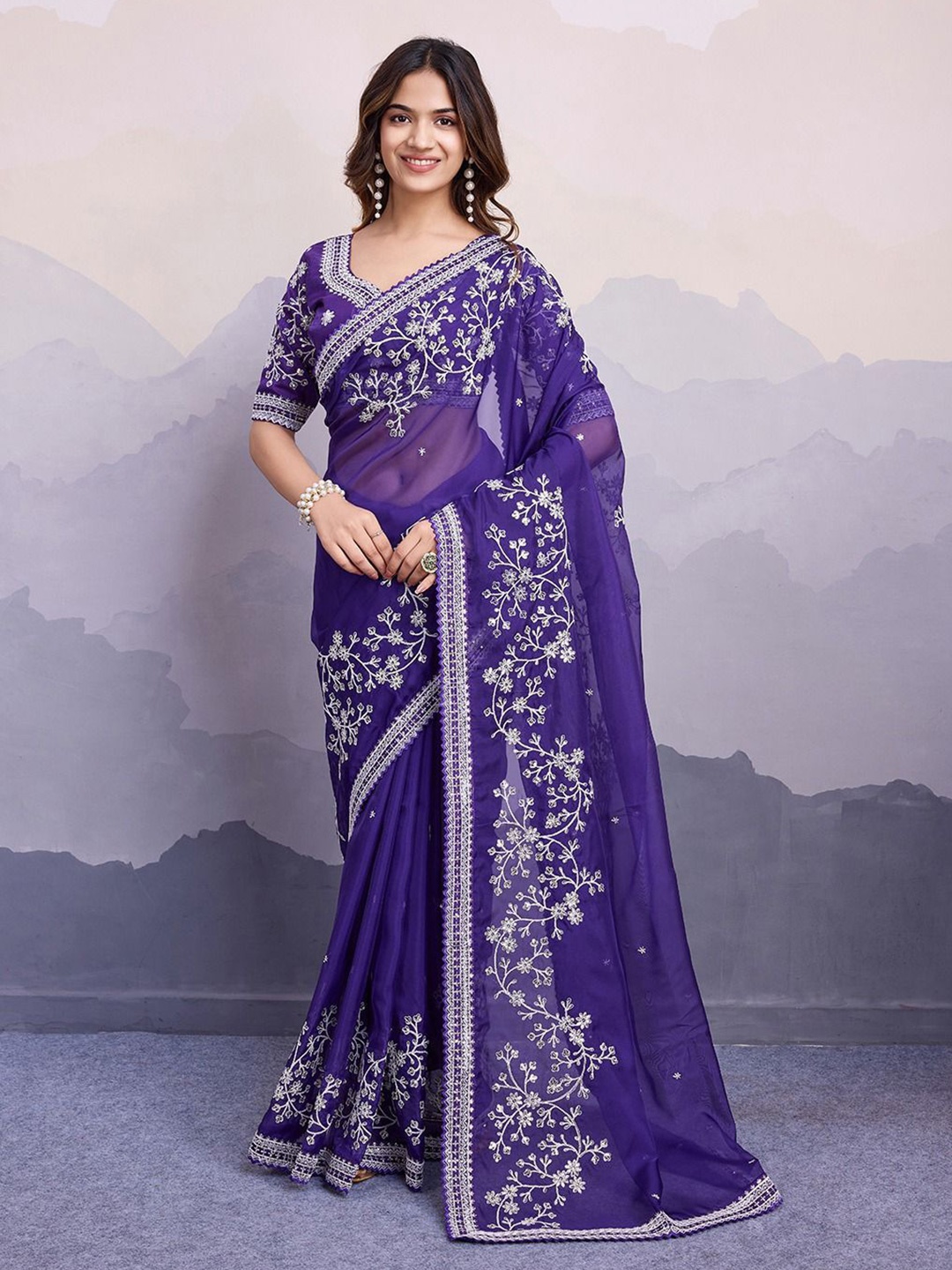 

VenderVilla Floral Embroidered Organza Saree, Blue