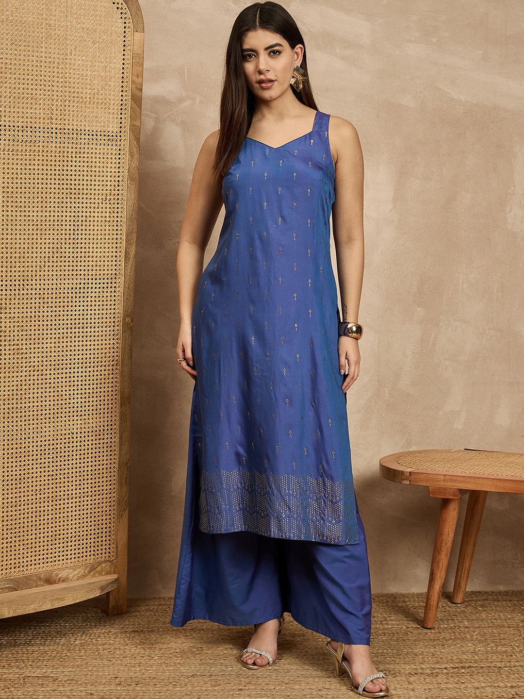 

House of Pataudi Printed V-Neck Sleeveless Top & Palazzo, Blue