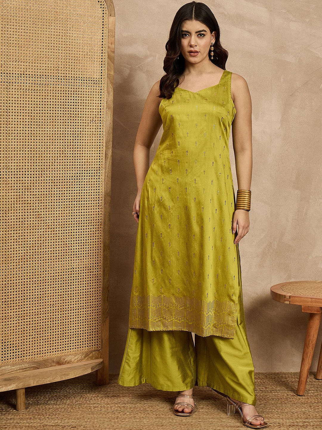 

House of Pataudi Printed V-Neck Sleeveless Top & Palazzo, Lime green