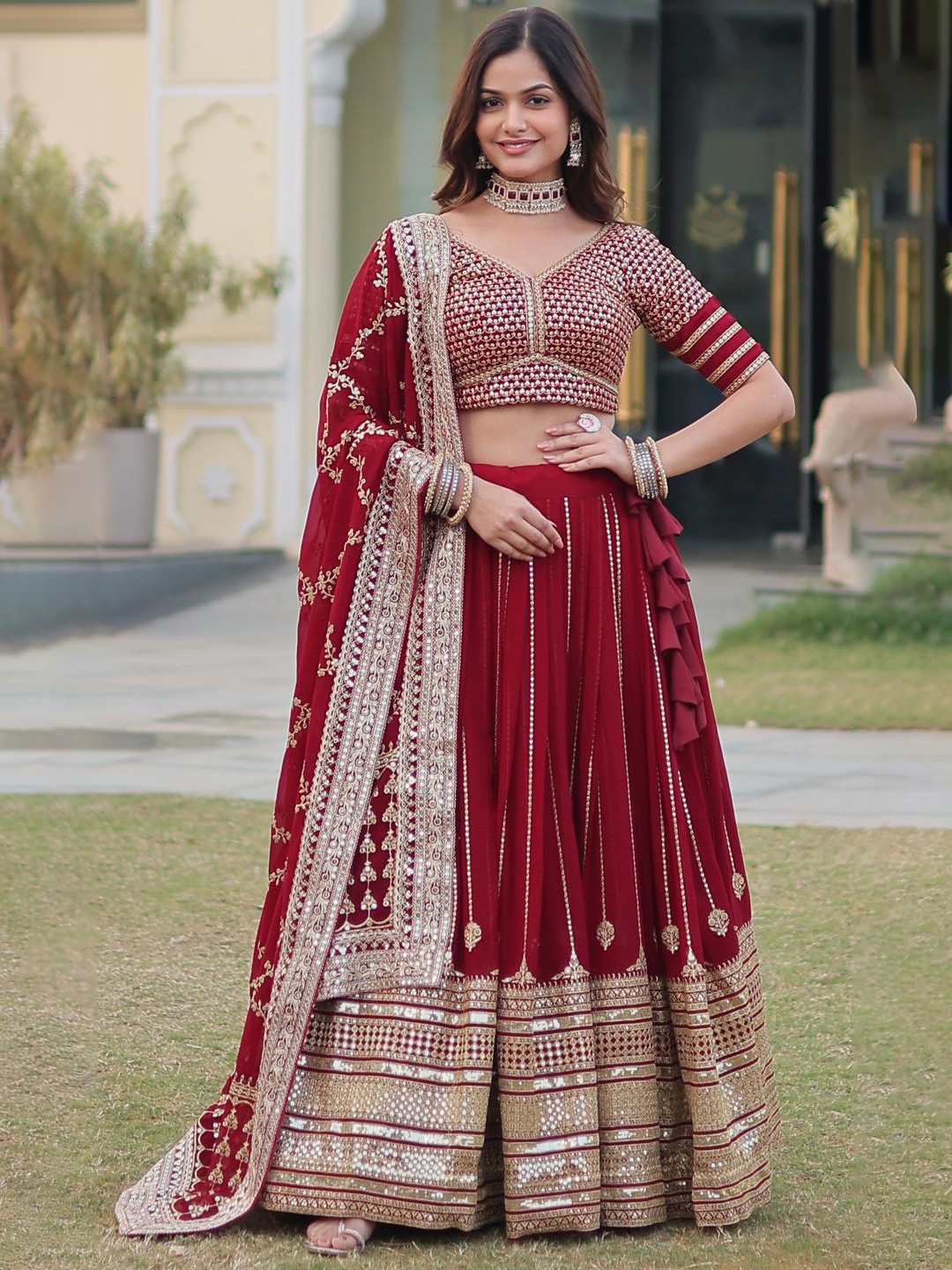 

Fashion Basket Embellished Sequinned Ready to Wear Lehenga & Unstitched Blouse Dupatta, Maroon