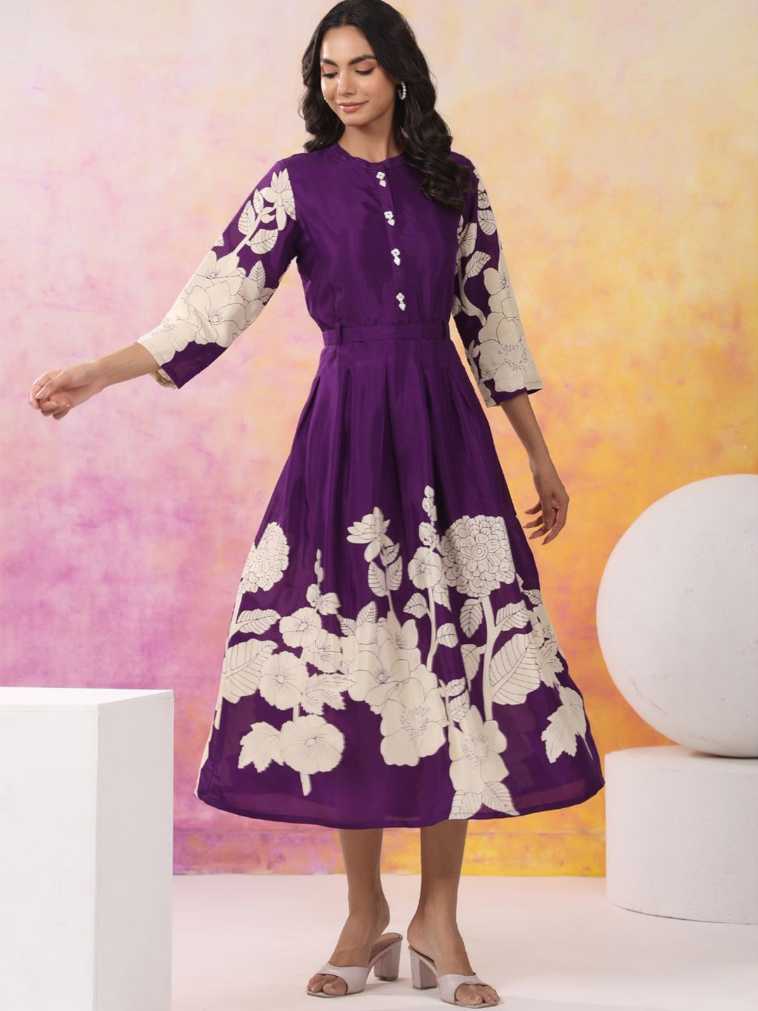 

Kaftanize Floral Printed Fit & Flare Midi Dress, Violet