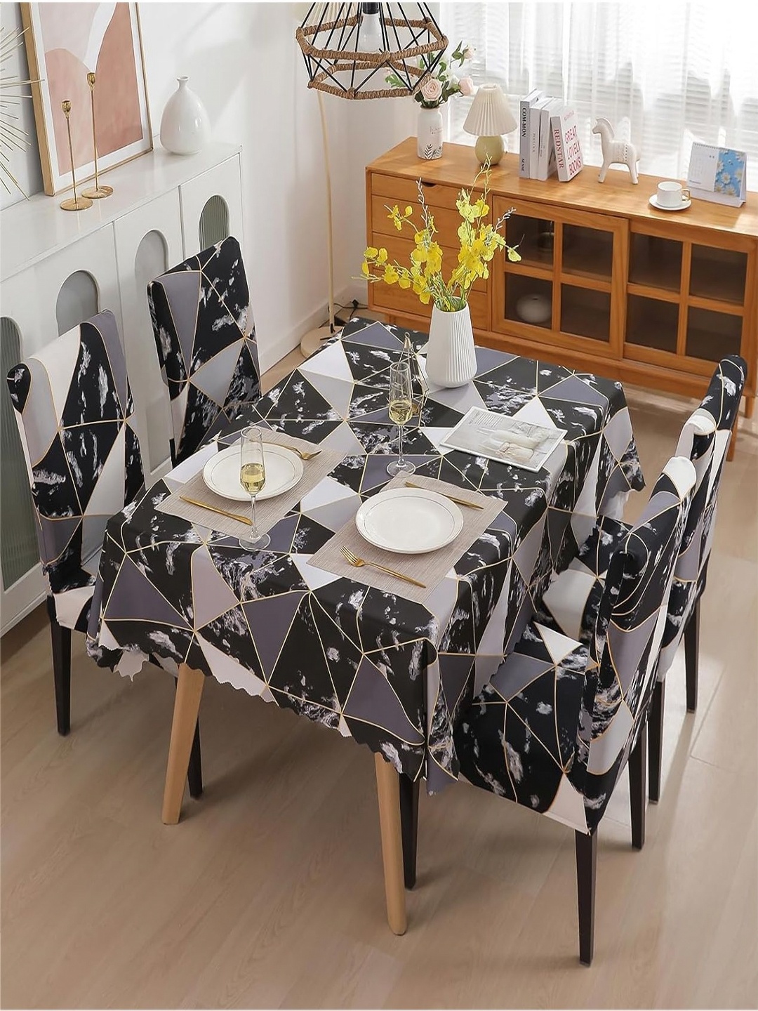 

HOUSE OF QUIRK Black Geometric Printed Waterproof 4-Seater Table Cover With Chair Cover