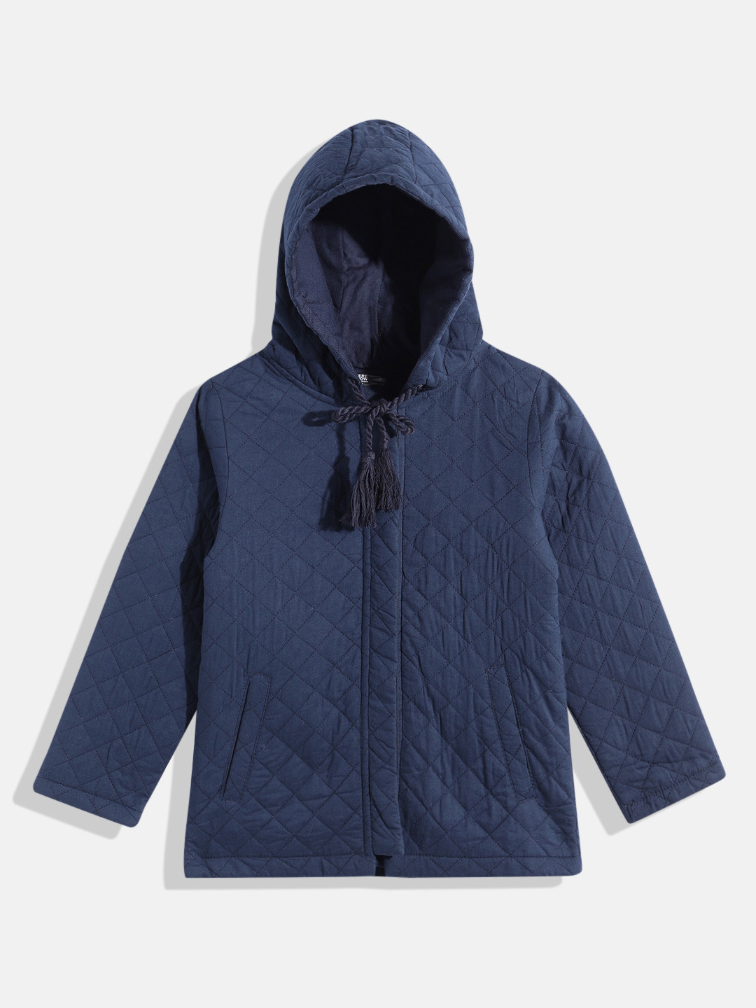 

HERE&NOW Girls Checked Quilted Pure Cotton Jacket, Navy blue