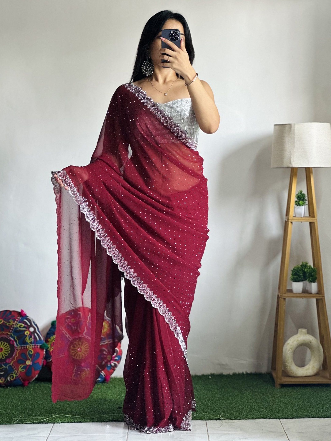 

Fashion Ritmo Beads and Stones Embellished Pure Silk Heavy Work Saree, Maroon