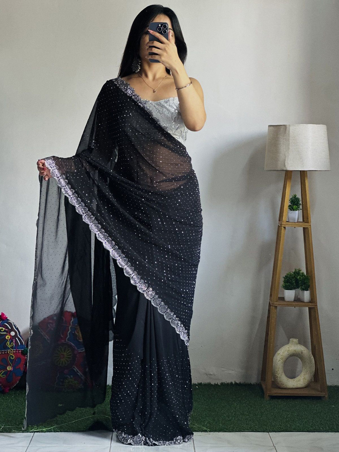 

Fashion Ritmo Embellished Sequinned Pure Silk Saree, Black