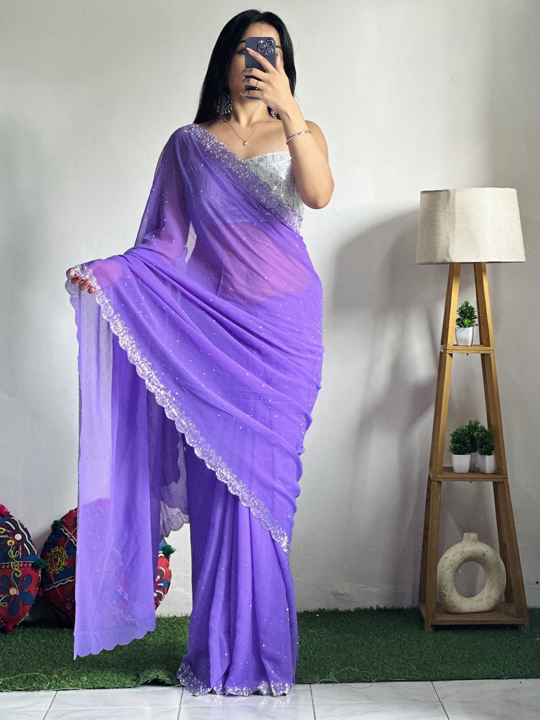 

Fashion Ritmo Sequinned Pure Silk Heavy Work Saree With Sequance Blouse, Lavender