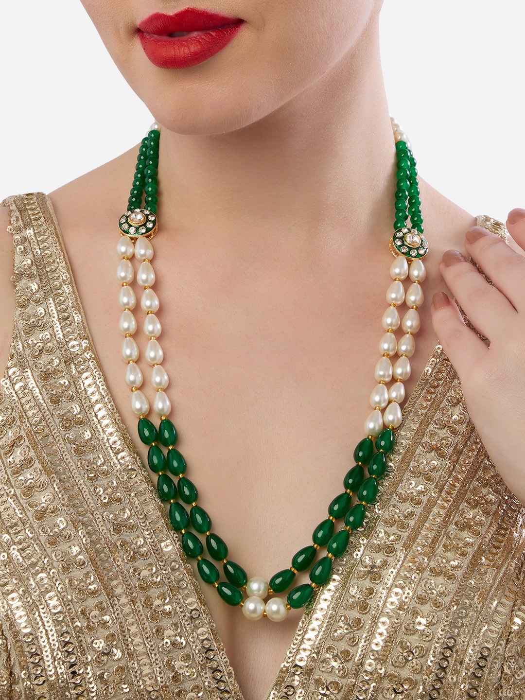 

Zaveri Pearls Gold-Plated Stone Studded & Beaded Meenakari Layered Necklace