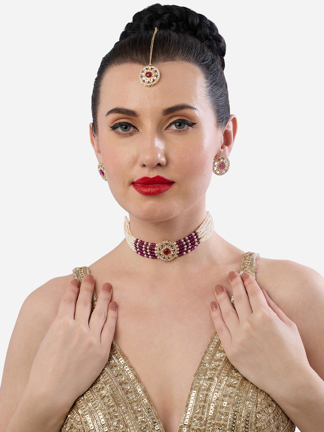 

Zaveri Pearls Gold-Plated Stone-Studded & Beaded Jewellery Set