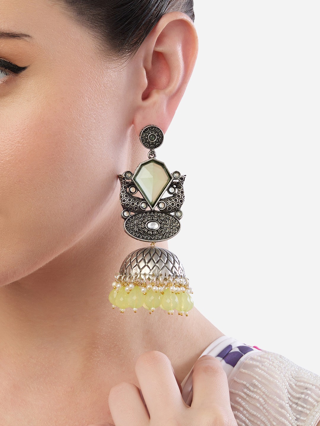

Zaveri Gold Plated Pearls Studded Contemporary Jhumkas, Fluorescent green
