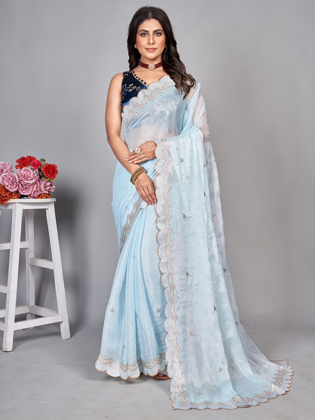 

BARKIYA CREATION Embellished Beads and Stones Net Saree, Blue