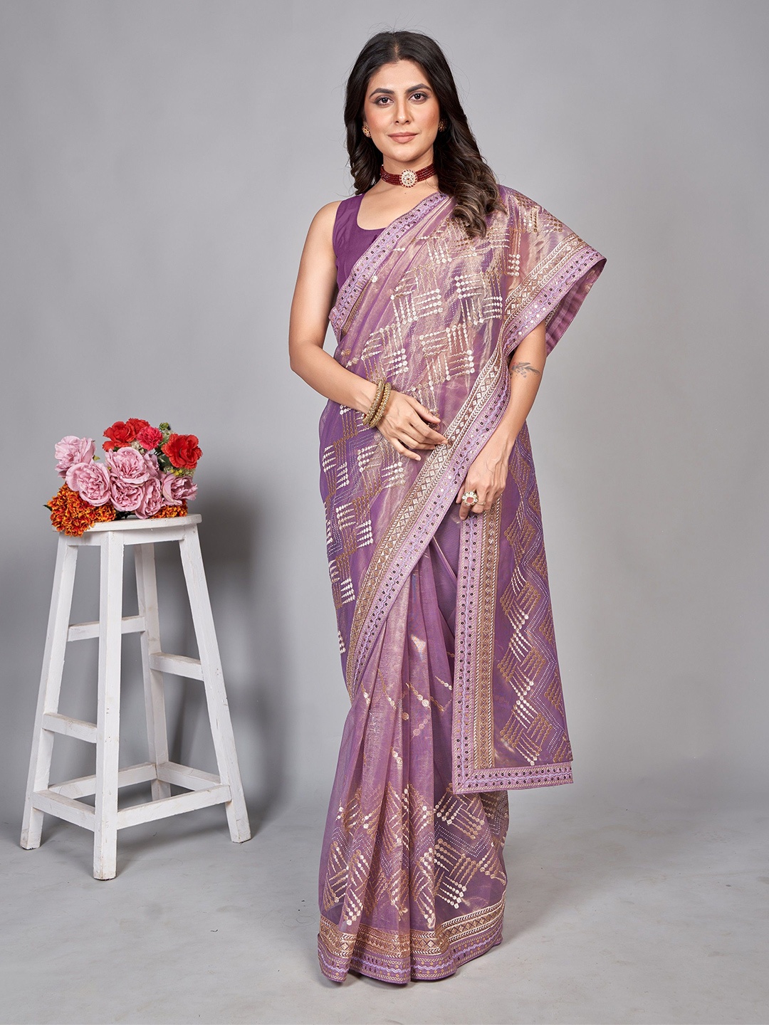 

BARKIYA CREATION Embellished Sequinned Zari Net Saree, Purple