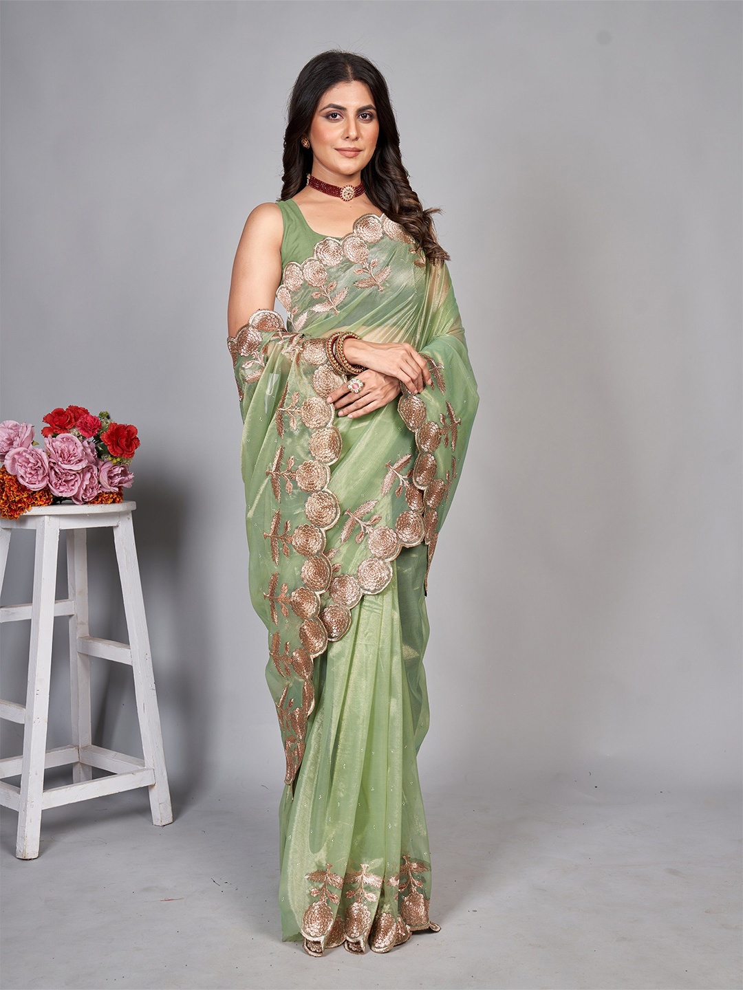 

BARKIYA CREATION Embellished Gotta Patti Net Saree, Green