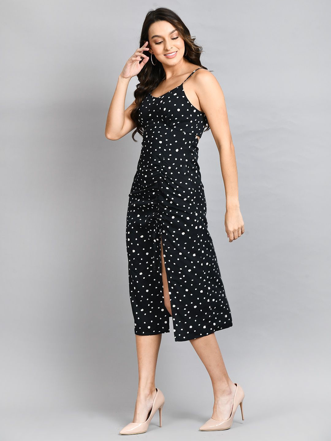 

all about you Polka Dot Printed Ruched Sheath Midi Dress, Black