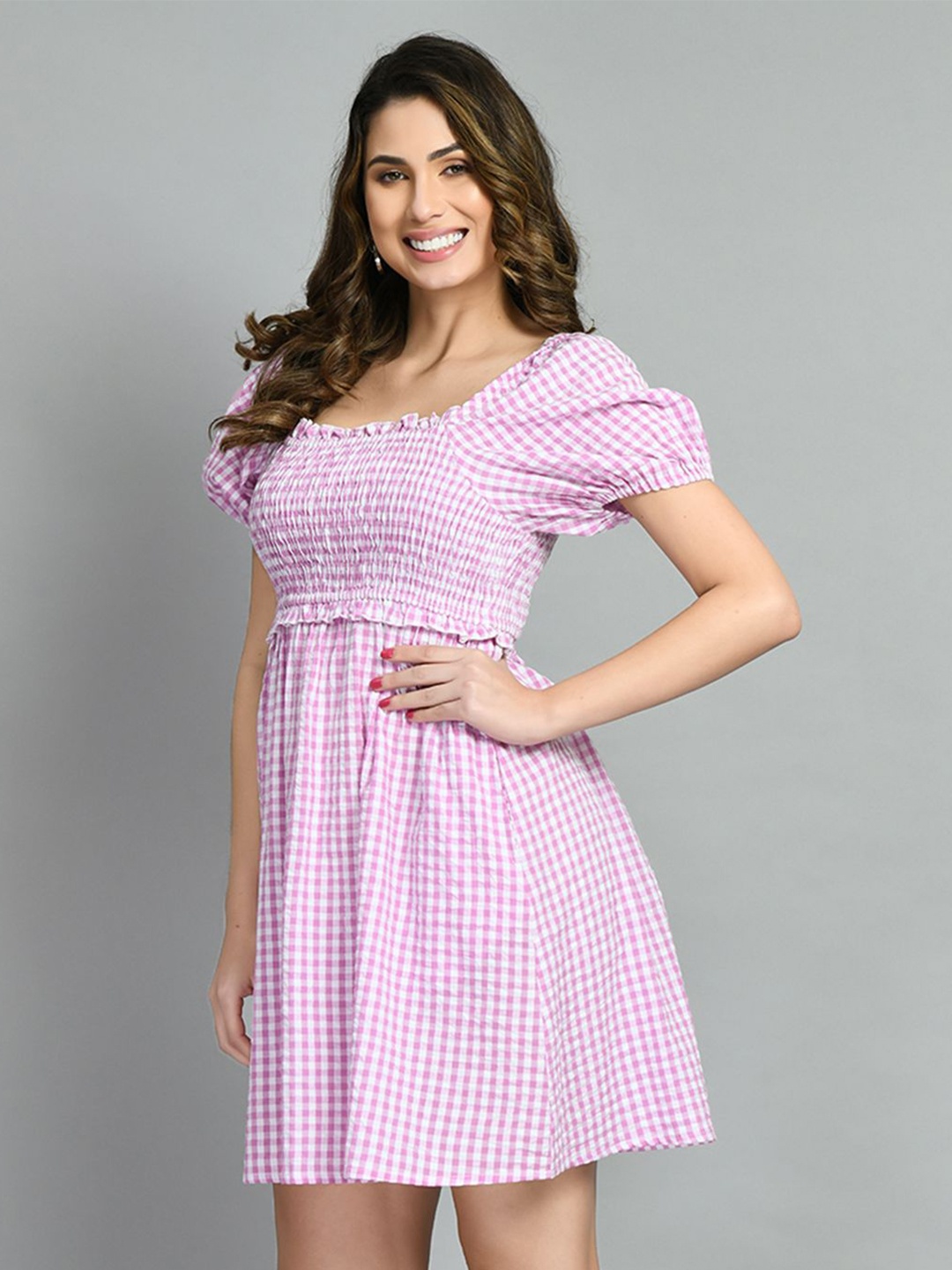 

all about you Checked Puff Sleeve Pure Cotton Fit & Flare Mini Dress, Purple