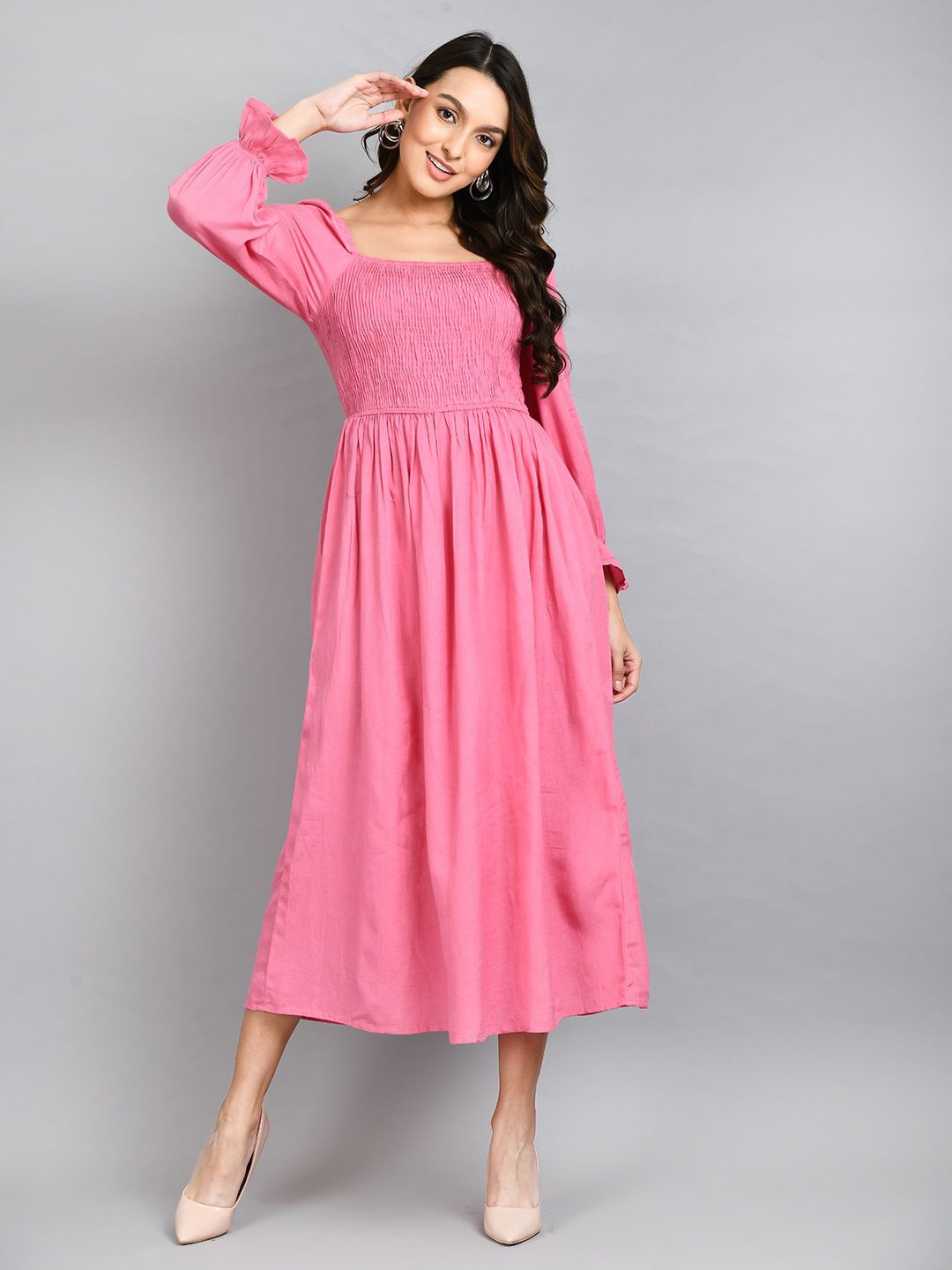 

all about you Women Puff Sleeve Fit & Flare Midi Dress, Pink