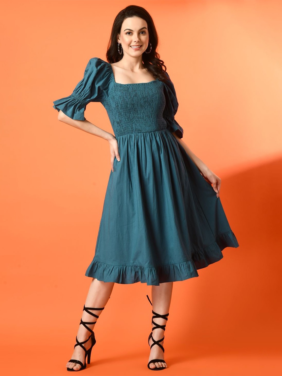 

all about you Puff Sleeve Smocked Fit & Flare Midi Dress, Teal