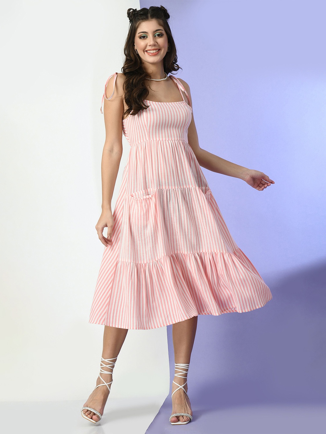 

all about you Women Striped Fit & Flare Midi Dress, Pink