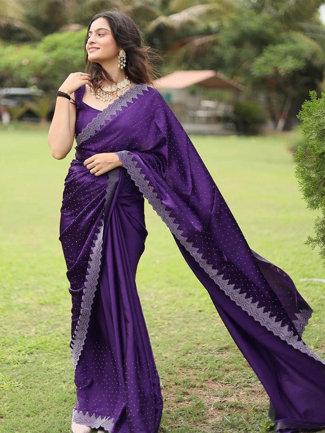 

KALINI Embellished Beads and Stones Satin Saree, Purple