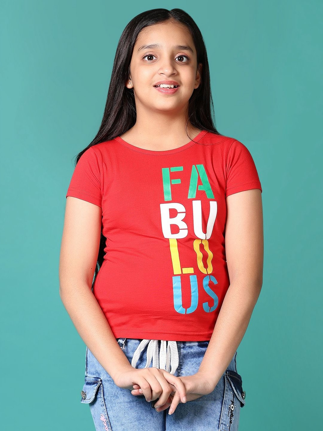 

V-Mart Girls Graphic Printed Round Neck Cotton T-shirt, Red