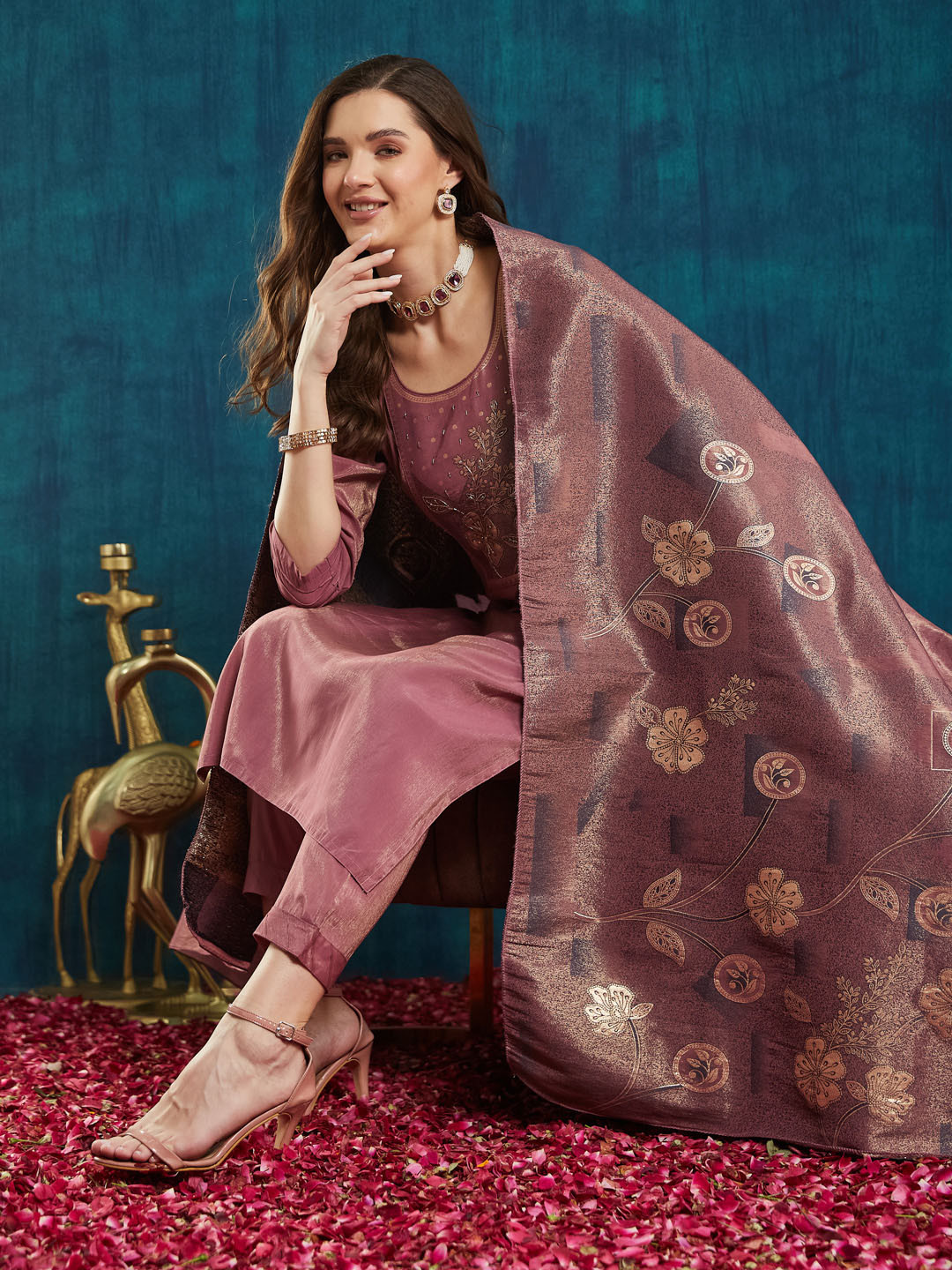

RAJGRANTH Floral Yoke Design Beads Pure Silk Straight Kurta with Trousers & Dupatta, Rose