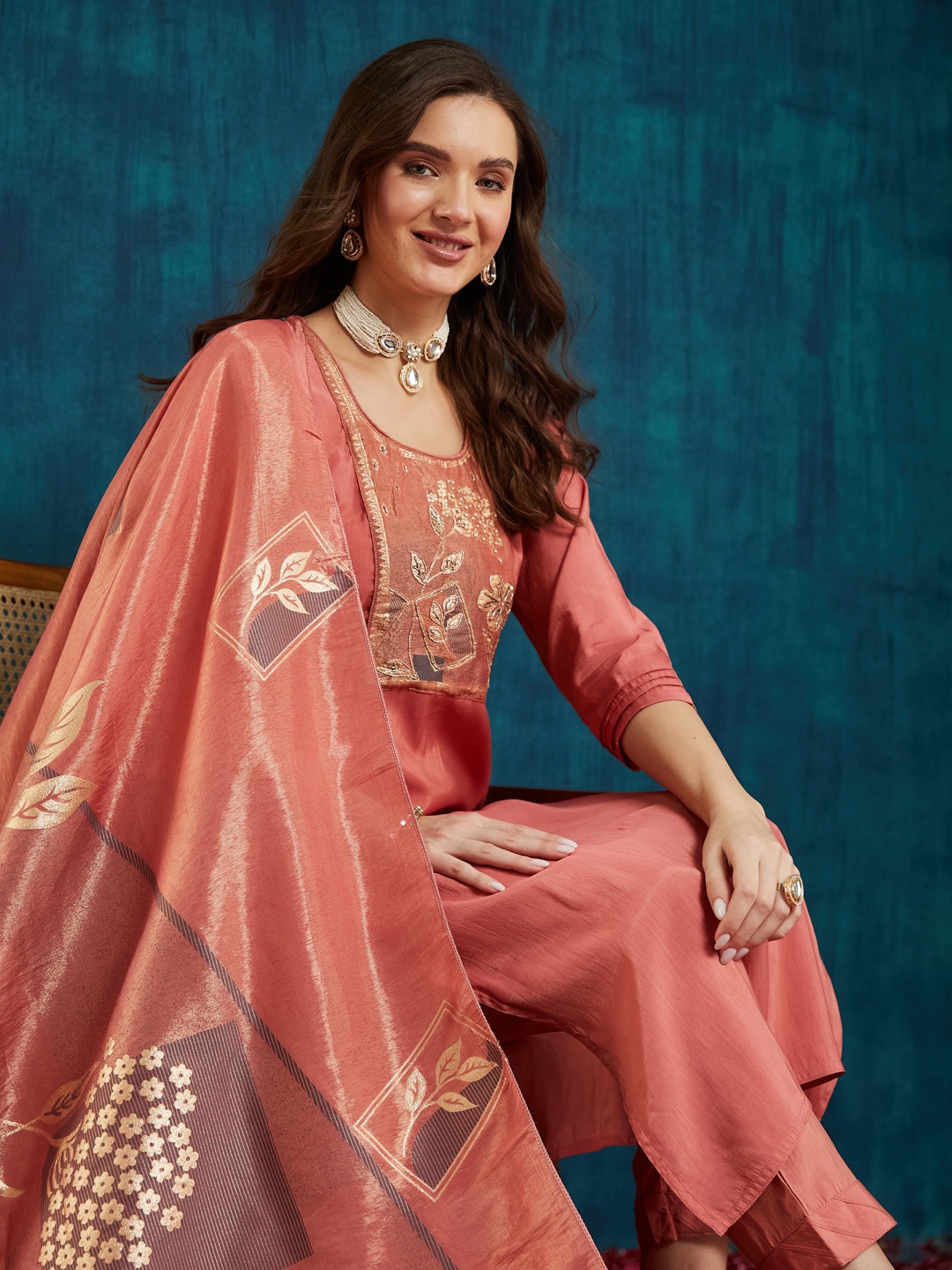 

RAJGRANTH Floral Embroidered Pure Silk Straight Kurta with Trousers & Dupatta, Peach