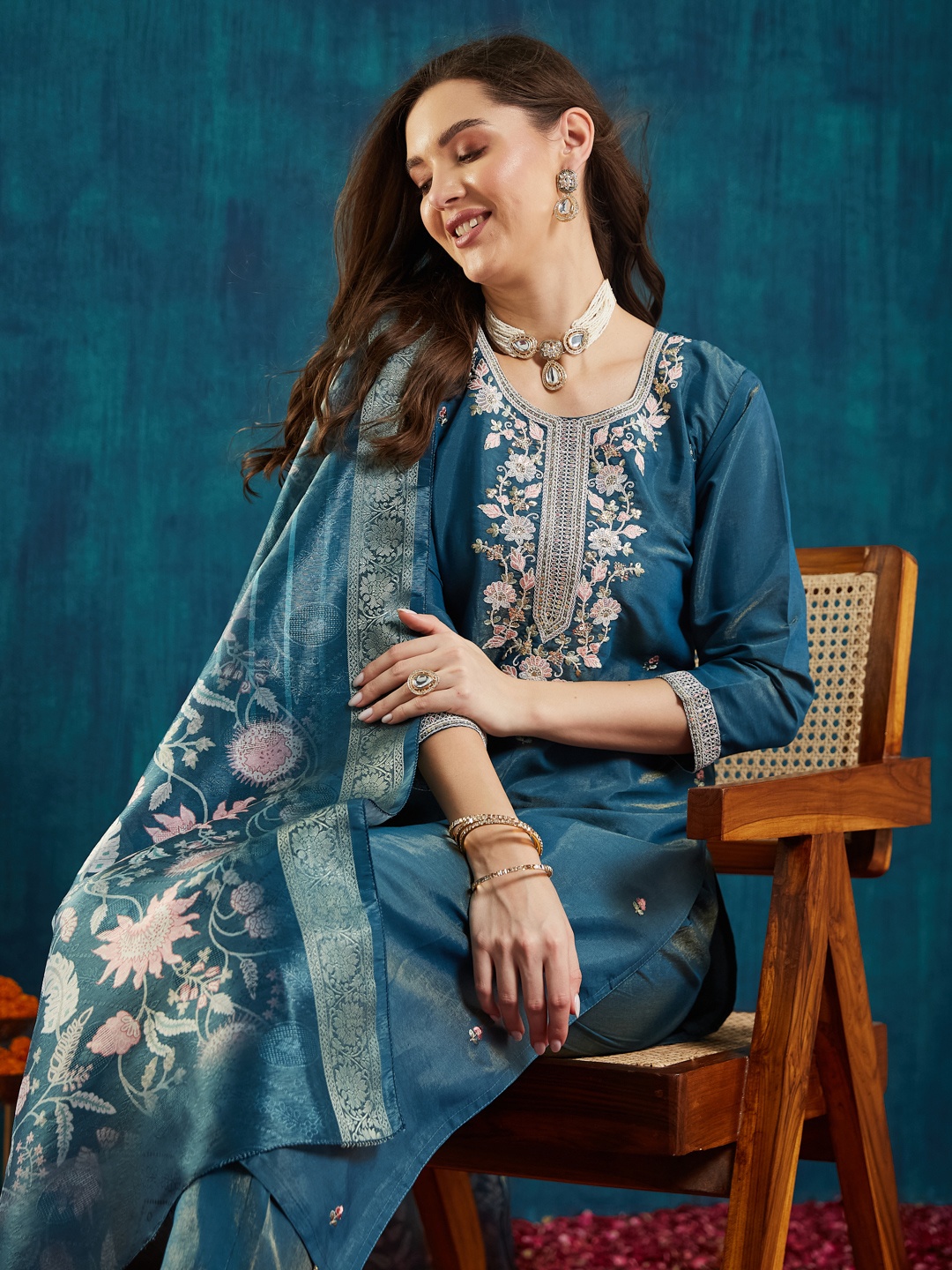 

RAJGRANTH Floral Embroidered Pure Silk Straight Kurta with Trousers & Dupatta, Teal