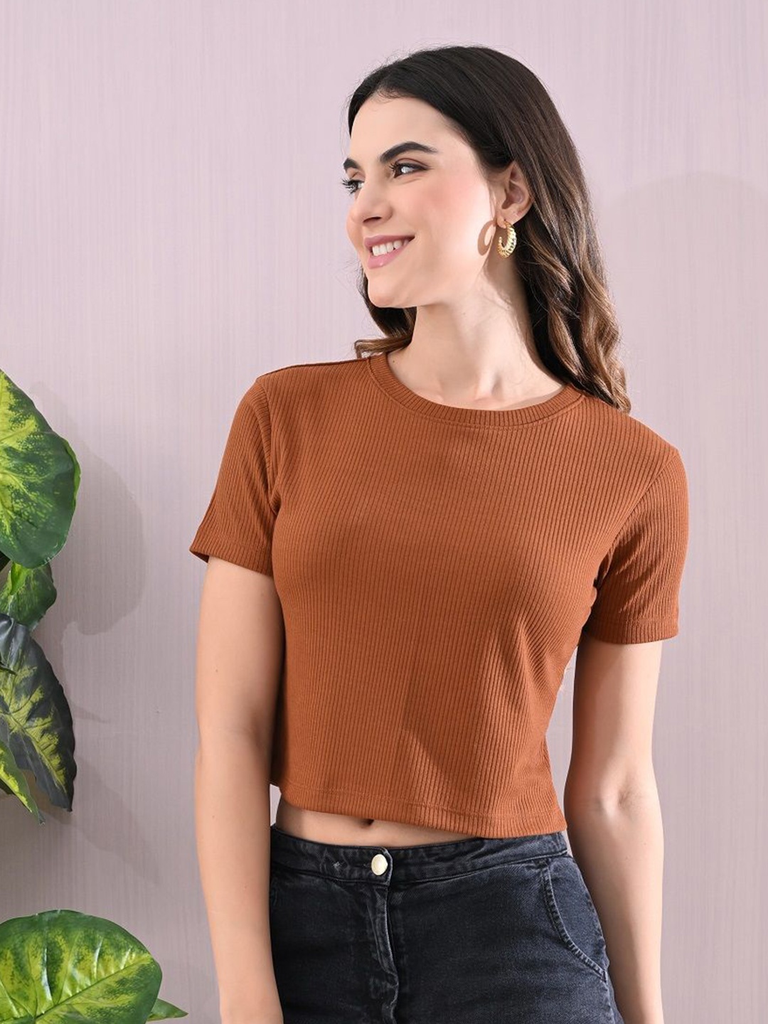 

Unifringe Women Cotton Crop Top, Brown