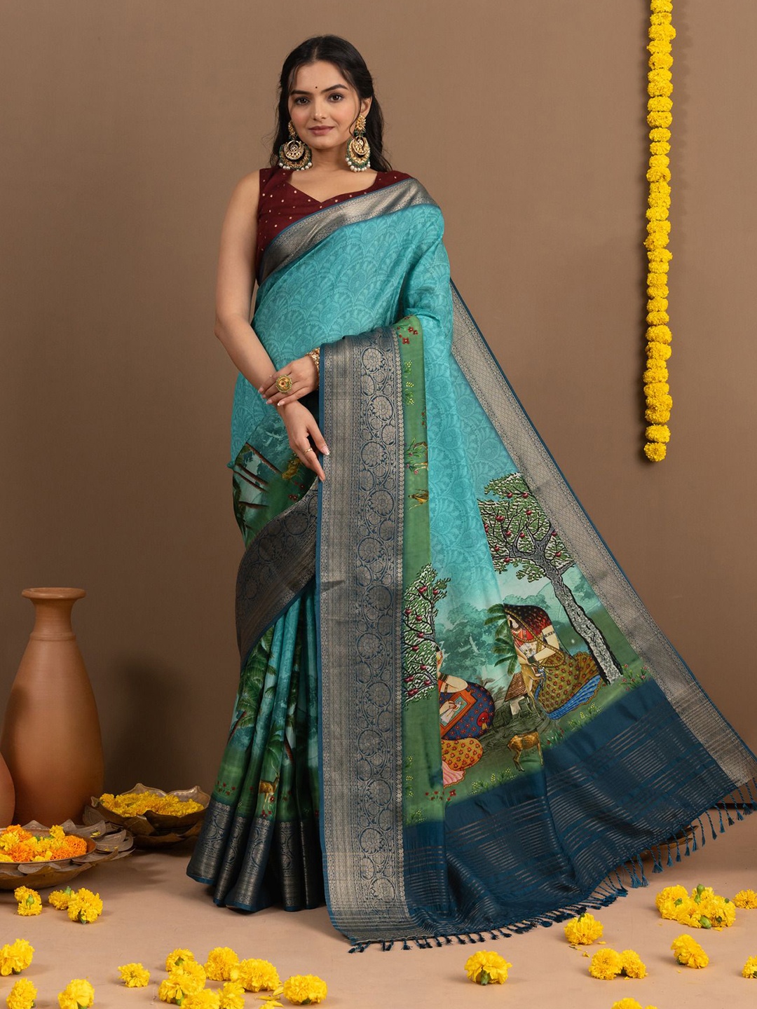 

Ekana Ethnic Motifs Printed Zari Saree, Blue