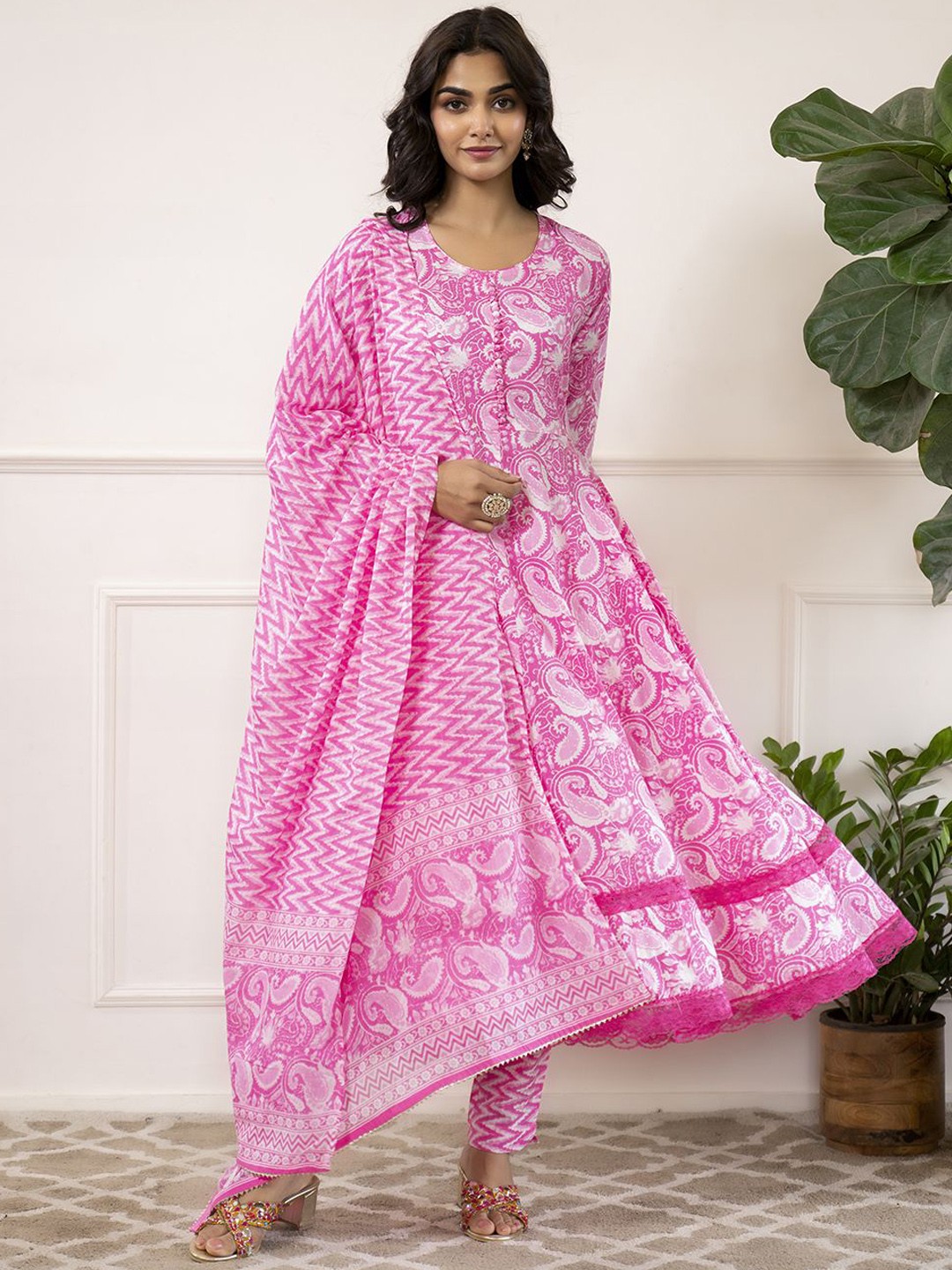 

KALINI Paisley Printed Pure Cotton Kurta with Trouser & Dupatta, Pink