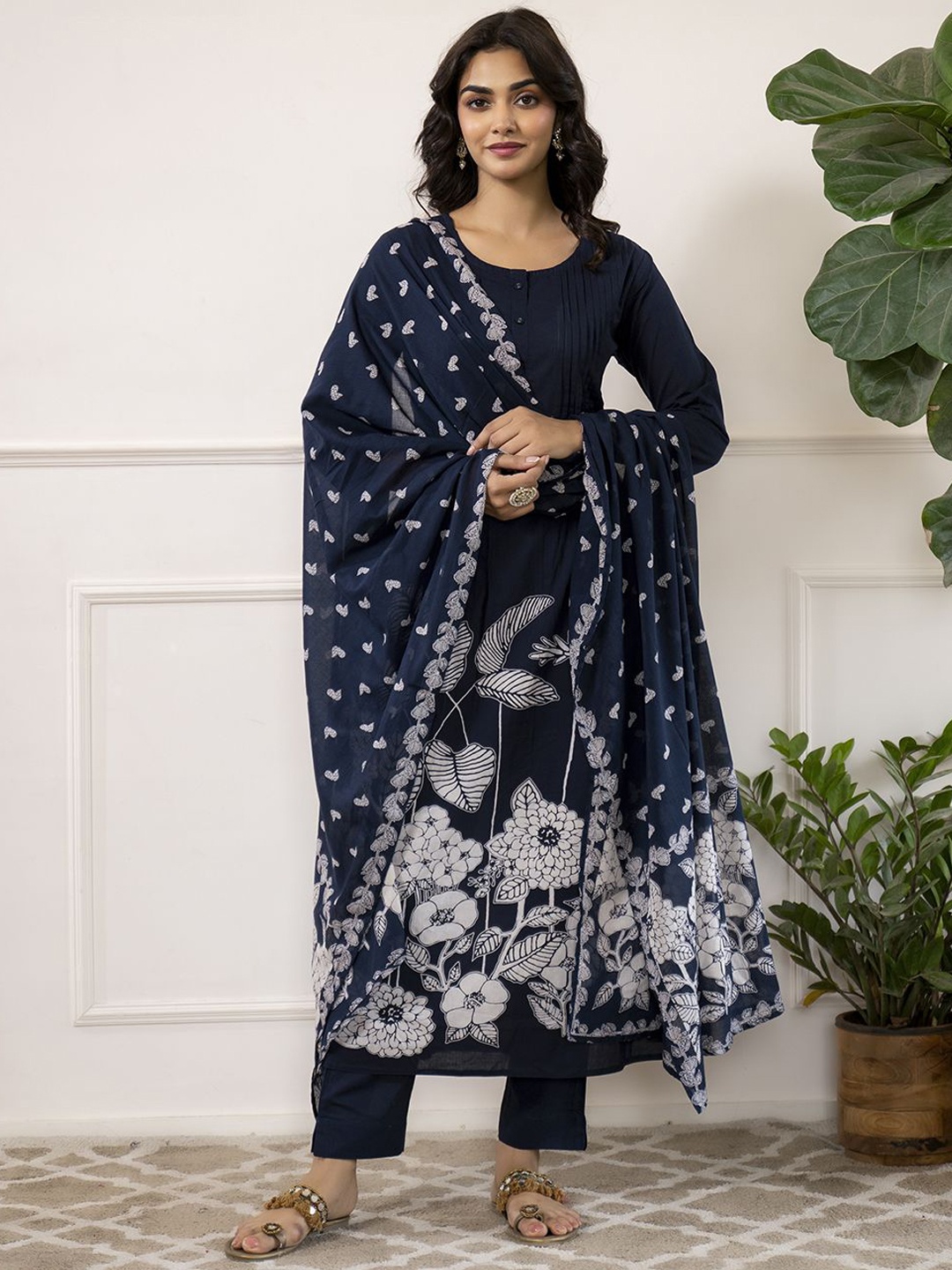 

KALINI Floral Printed Pleated Pure Cotton Kurta with Trouser & Dupatta, Navy blue