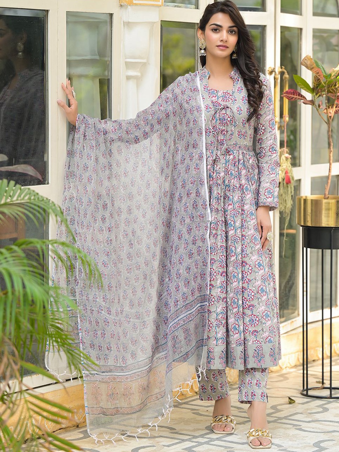 

KALINI Floral Printed Pleated Pure Cotton Anarkali Kurta With Trousers & Dupatta, Grey