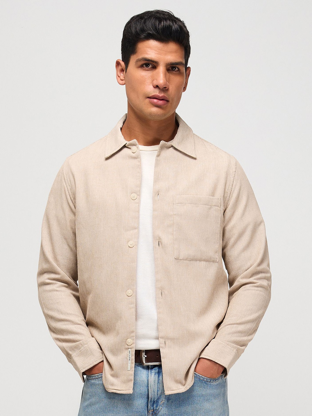 

Red Flame Men Spread Collar Textured Casual Shirt, Beige