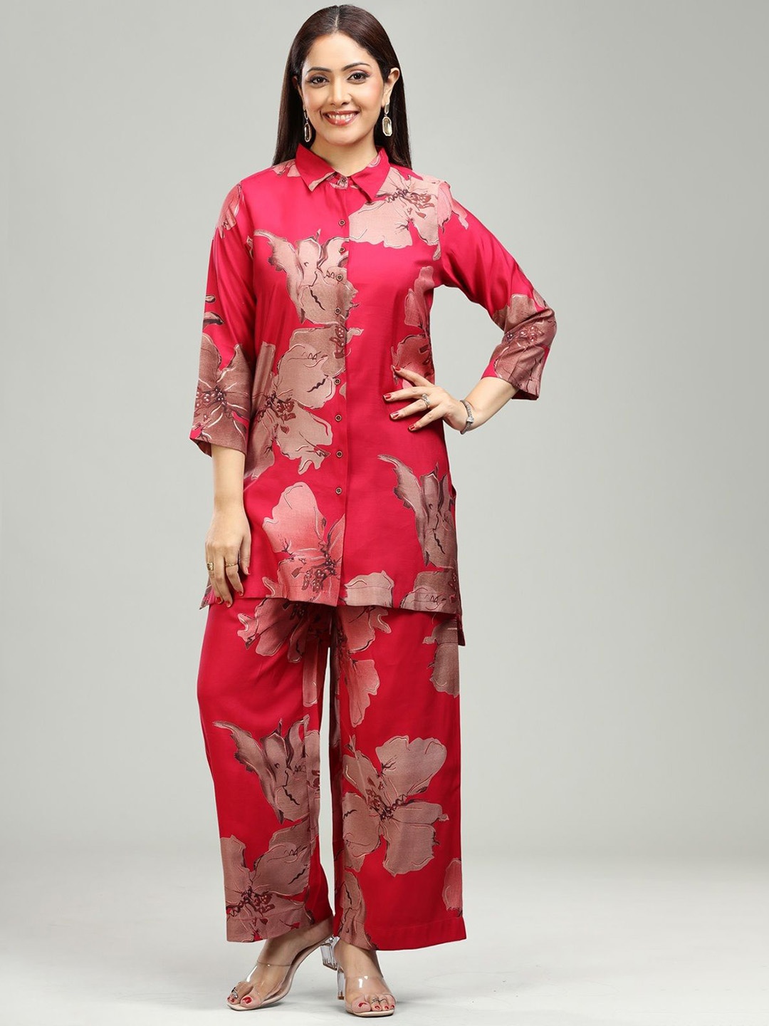 

COTTON CULTURE Floral Printed Pure Silk Shirt With Trousers, Pink